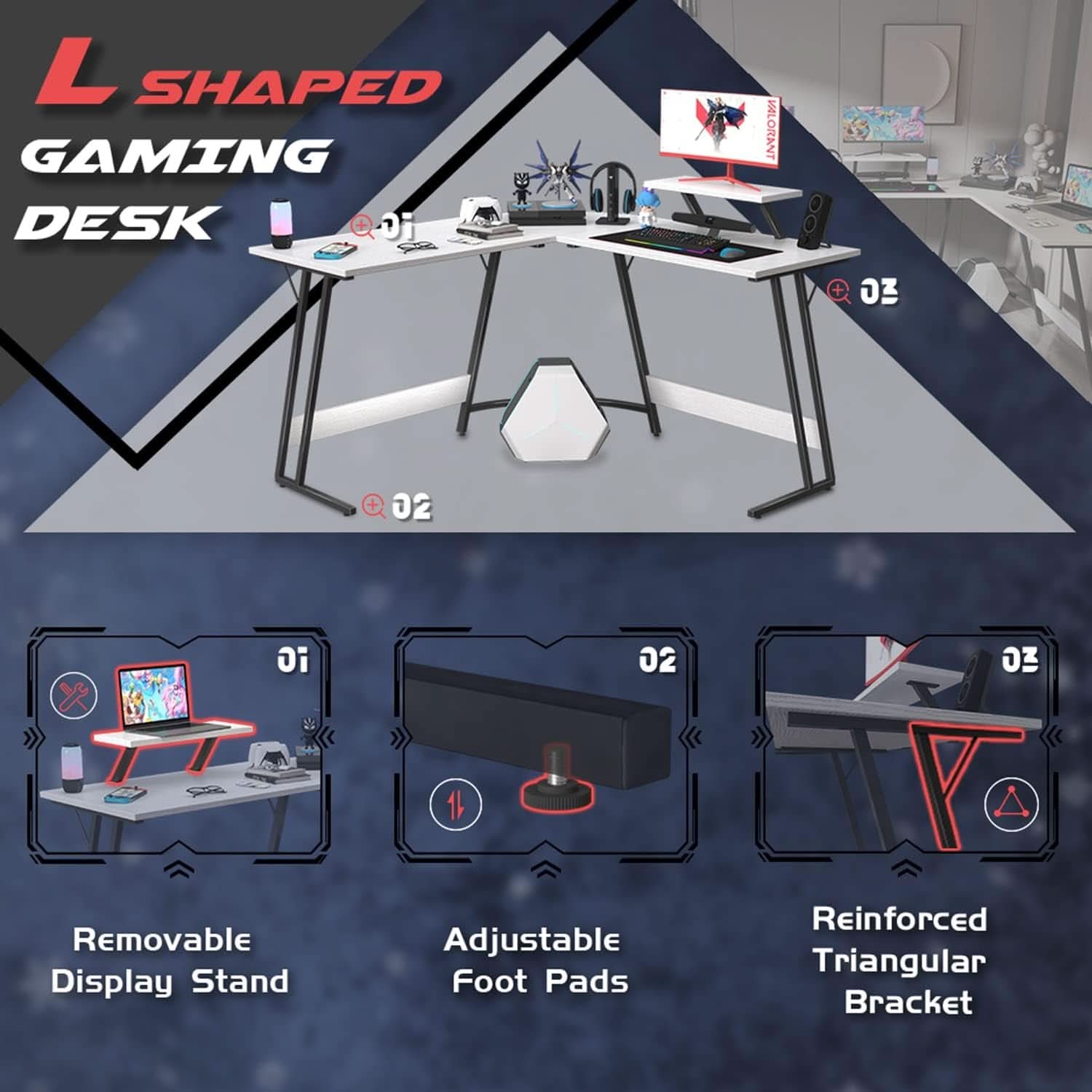 L Shaped Gaming Desk 51 Inch Monitor Riser Classical White